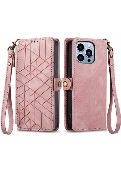 iPhone 13 Pro Maxile Uyumlu Cüzdan Kılıf Geometrik Kabartmalı Pu Deri Kickstand Kart Yuvaları Flip Folyo Kapak (Yurt Dışından)