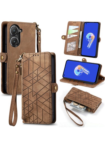Asus Zenfone 9ile Uyumlu Cüzdan Kılıf Geometrik Kabartmalı Pu Deri Kickstand Kart Yuvaları Flip Folyo Kapak (Yurt Dışından)
