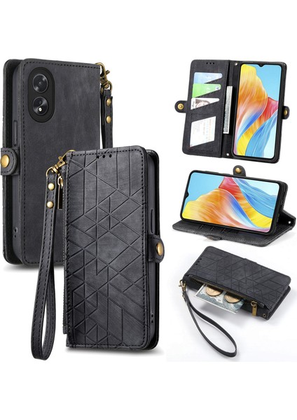 Oppo A38 4G/A18 4gile Uyumlu Cüzdan Kılıf Geometrik Kabartmalı Pu Deri Kickstand Kart Yuvaları Flip Folyo Kapak (Yurt Dışından)