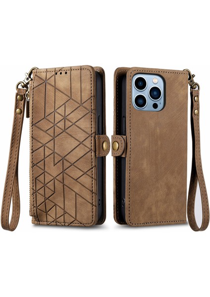 iPhone 13 Pro Maxile Uyumlu Cüzdan Kılıf Geometrik Kabartmalı Pu Deri Kickstand Kart Yuvaları Flip Folyo Kapak (Yurt Dışından)