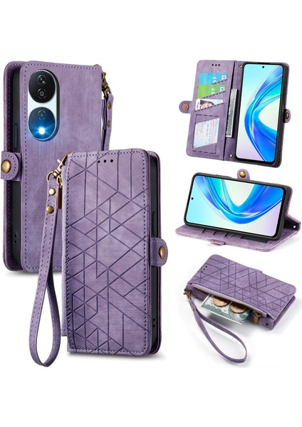 Honor X7BILE Uyumlu Cüzdan Kılıf Geometrik Kabartmalı Pu Deri Kickstand Kart Yuvaları Flip Folyo Kapak (Yurt Dışından)