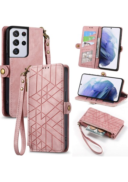 Samsung Galaxy S21 Ultraile Uyumlu Cüzdan Kılıf Geometrik Kabartmalı Pu Deri Kickstand Kart Yuvaları Flip Folyo Kapak (Yurt Dışından)