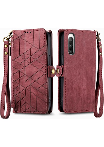 Sony Xperia 10 Ivile Uyumlu Cüzdan Kılıf Geometrik Kabartmalı Pu Deri Kickstand Kart Yuvaları Flip Folyo Kapak (Yurt Dışından)