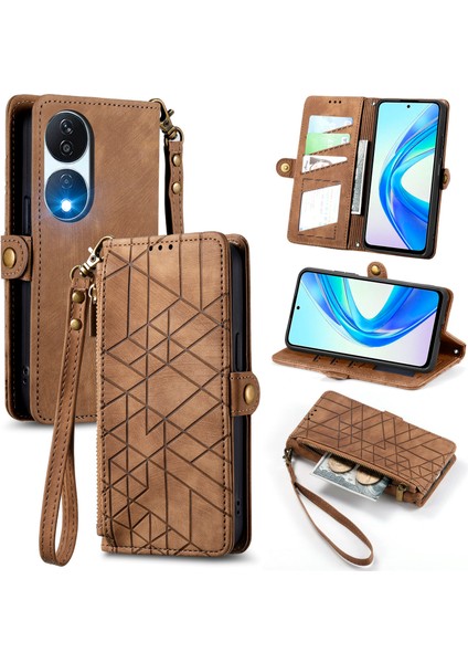 Honor X7BILE Uyumlu Cüzdan Kılıf Geometrik Kabartmalı Pu Deri Kickstand Kart Yuvaları Flip Folyo Kapak (Yurt Dışından)