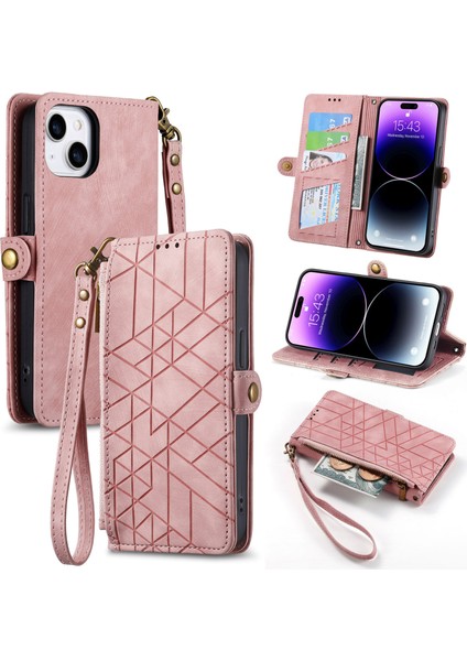 iPhone 14ILE Uyumlu Cüzdan Kılıf Geometrik Kabartmalı Pu Deri Kickstand Kart Yuvaları Flip Folyo Kapak (Yurt Dışından)