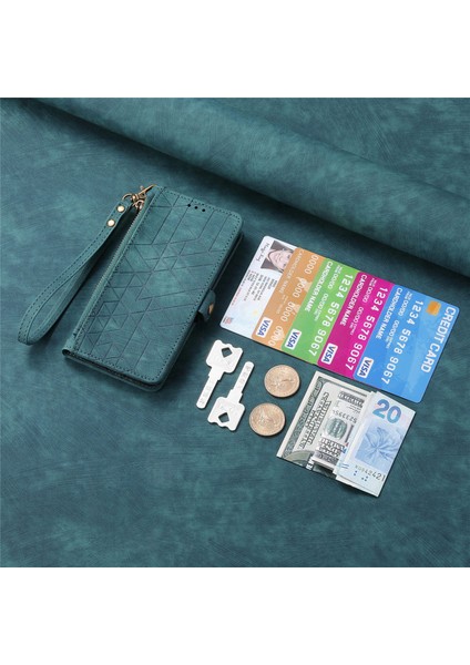 iPhone 15 Plusile Uyumlu Cüzdan Kılıf Geometrik Kabartmalı Pu Deri Kickstand Kart Yuvaları Flip Folyo Kapak (Yurt Dışından) fırsatları