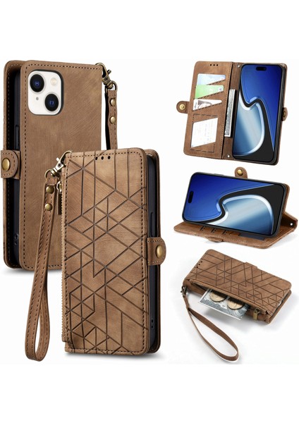 iPhone 15 Plusile Uyumlu Cüzdan Kılıf Geometrik Kabartmalı Pu Deri Kickstand Kart Yuvaları Flip Folyo Kapak (Yurt Dışından)