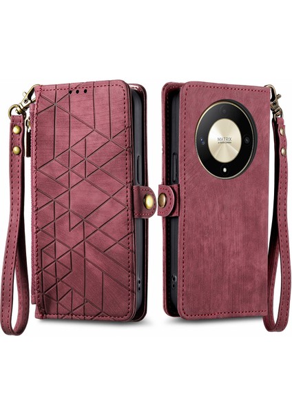 Honor Magic 6 Liteile Uyumlu Cüzdan Kılıf Geometrik Kabartmalı Pu Deri Kickstand Kart Yuvaları Flip Folyo Kapak (Yurt Dışından)