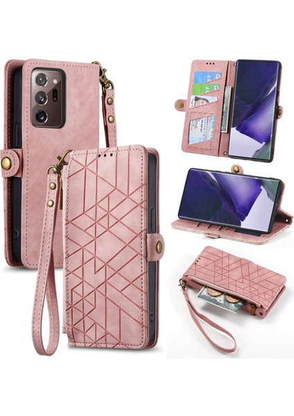 Samsung Galaxy Note 20 Ultraile Uyumlu Cüzdan Kılıf Geometrik Kabartmalı Pu Deri Kickstand Kart Yuvaları Flip Folyo Kapak (Yurt Dışından)