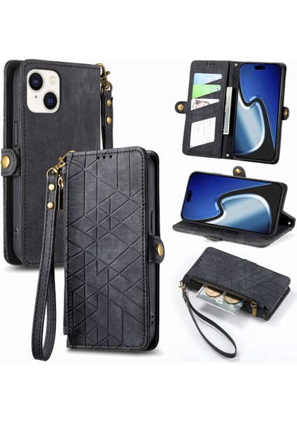 iPhone 15 Plusile Uyumlu Cüzdan Kılıf Geometrik Kabartmalı Pu Deri Kickstand Kart Yuvaları Flip Folyo Kapak (Yurt Dışından)