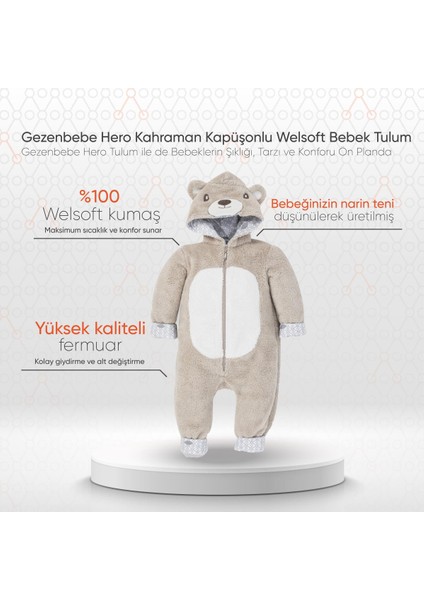 Hero Kahraman Kapüşonlu Welsoft Bebek Tulum (12-18 ay) Teddy