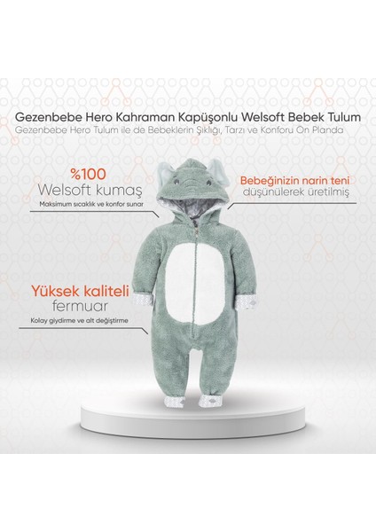Hero Kahraman Kapüşonlu Welsoft Bebek Tulum (12-18 ay) Elephant