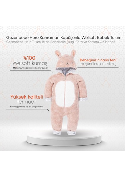 Hero Kahraman Kapüşonlu Welsoft Bebek Tulum (12-18 ay) Bunny