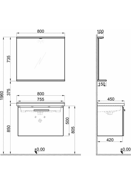 Gris 80 cm Siyah-Gri Banyo Dolabı Takımı