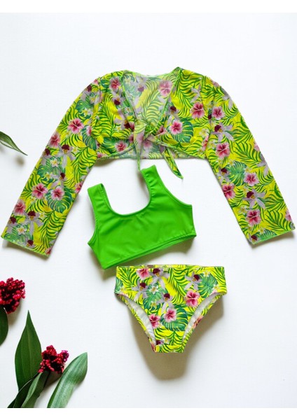 Yeni Sezon Kız Çocuk Neon Yeşil Renk Çiçek Desen Bolero / Pareolu Bikini Takımı 3lü Set