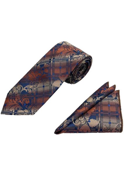 Kahve Bej Lacivert Geçişli Motif Desen Kravat Mendil Set