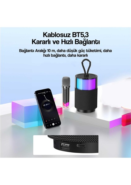 Usams Şarjlı Taşınabilir Rgb Bt5.3 360 Derece Stereo Bluetooth Hoparlör ve Kareoke Mikrofonu YX013