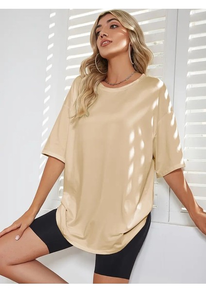 Kadın Basic Bisiklet Yaka Salaş Oversize Boyfriend T-Shirt