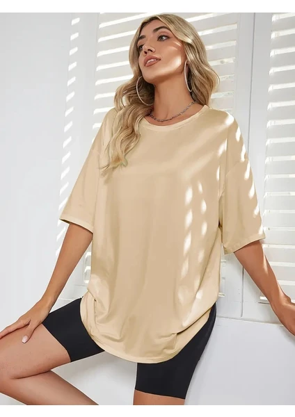 Kadın Basic Bisiklet Yaka Salaş Oversize Boyfriend T-Shirt