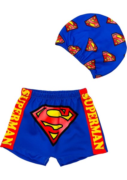 Erkek Çocuk Halkın Kahramanı Superman Temalı Mayo Şort Bone 2li Set Sarı Kırmızı Siyah