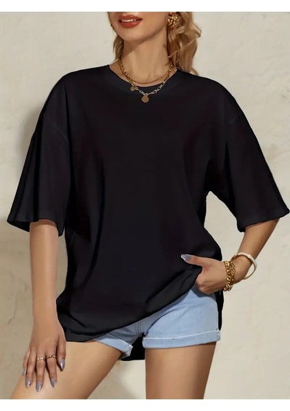 Kadın Basic Bisiklet Yaka Salaş Oversize Boyfriend T-Shirt