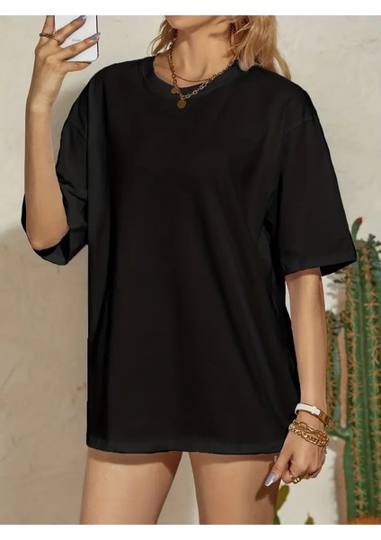 Kadın Basic Bisiklet Yaka Salaş Oversize Boyfriend T-Shirt
