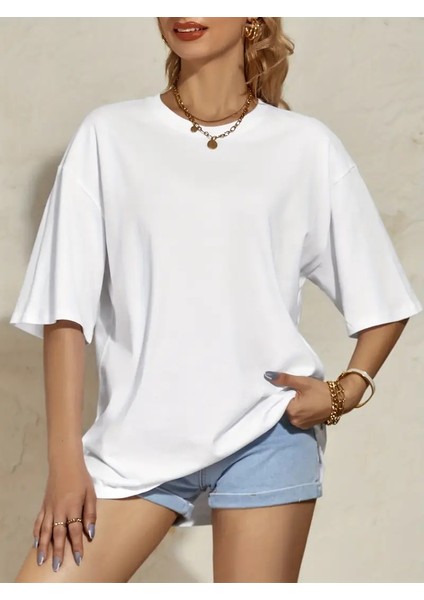 Kadın Basic Bisiklet Yaka Salaş Oversize Boyfriend T-Shirt modelleri