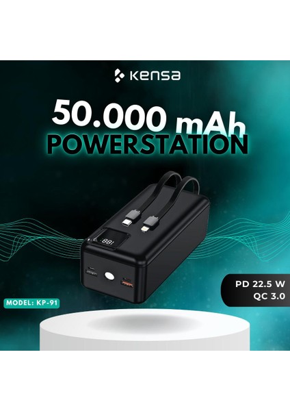 Powerbank 50.000 Mah Yeni Nesil Kendinden Kablolu 22.5 W Ultra Hızlı ve Güçlü Pd Qc 3.0