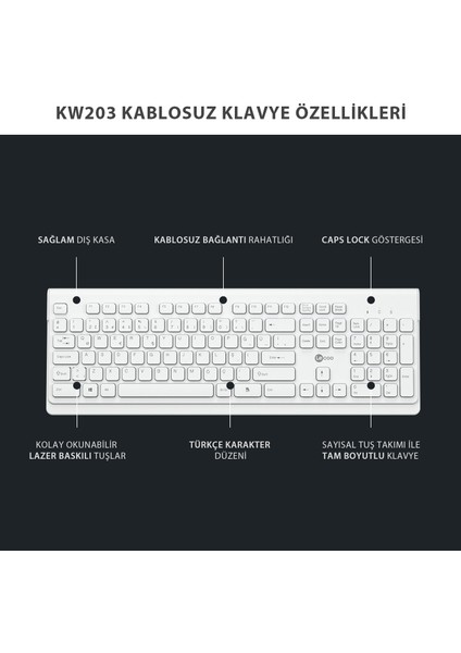 KW203 2.4ghz Kablosuz Türkçe Q Klavye & Mouse Set Beyaz