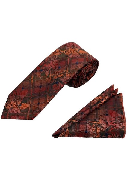 Kiremit Lacivert Geçişli Motif Desen Kravat Mendil Set