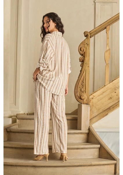 Kadın Uzun Kol Önden Düğmeli Bej Pijama Takım C8T2N1O12