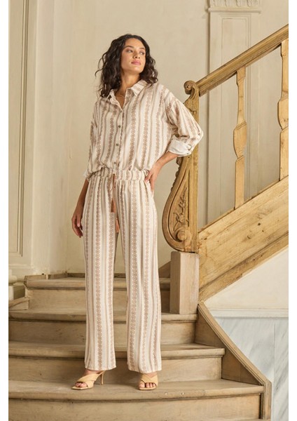 Kadın Uzun Kol Önden Düğmeli Bej Pijama Takım C8T2N1O12