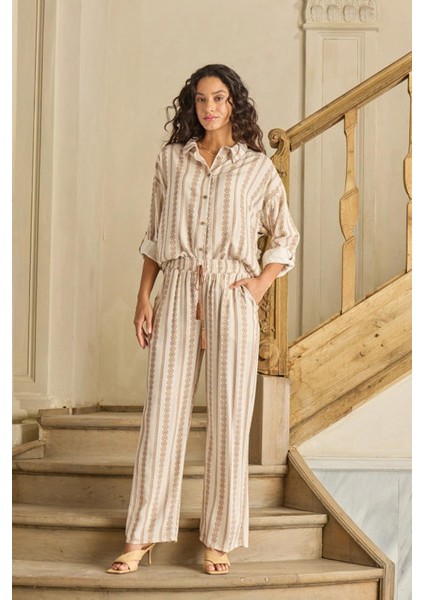 Kadın Uzun Kol Önden Düğmeli Bej Pijama Takım C8T2N1O12