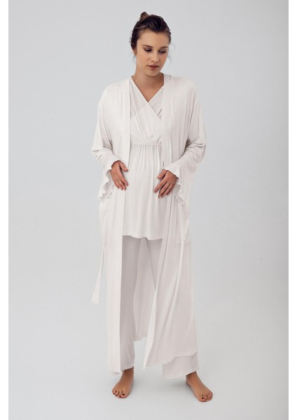 Kısa Kollu Esnek Likralı Viskon Hamile Sabahlık Pijama Takımı 16309