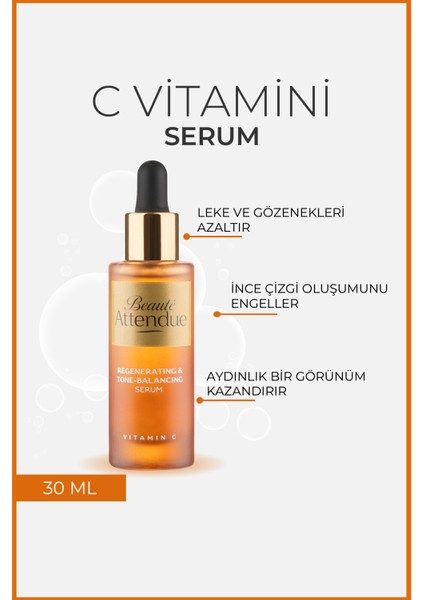 Beaute Attendue Vitamin C, Ton Eşitleyici,Aydınlatıcı,Leke Karşıtı,Antioksidan Serum (ASCORBİC ACİD, HYALURONİC ACİD)