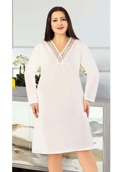 Büyük Beden Dantel Yaka Uzun Kollu Kadın Gecelik (Battal Gecelik) 1610