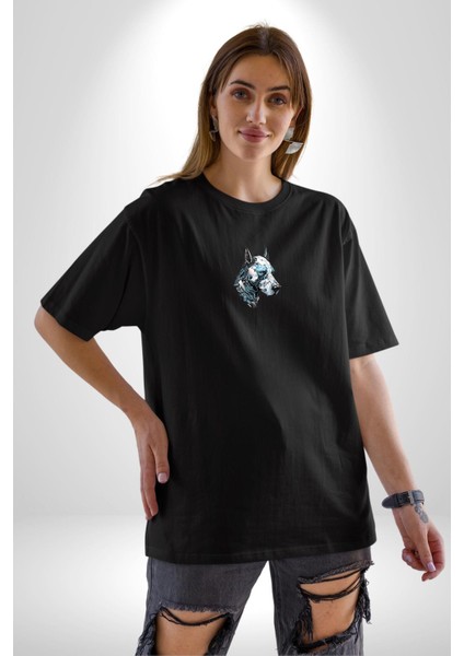 Robot Cyborg Köpek Doberman Siyah Oversize Kadın Erkek Ön Orta Minimal Baskılı T-Shirt
