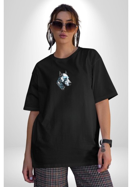 Robot Cyborg Köpek Doberman Siyah Oversize Kadın Erkek Ön Orta Minimal Baskılı T-Shirt