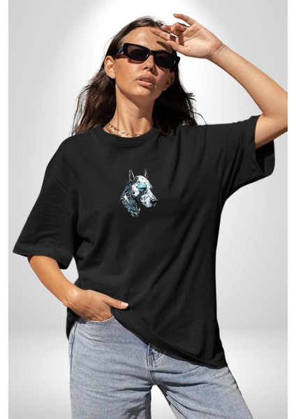 Robot Cyborg Köpek Doberman Siyah Oversize Kadın Erkek Ön Orta Minimal Baskılı T-Shirt