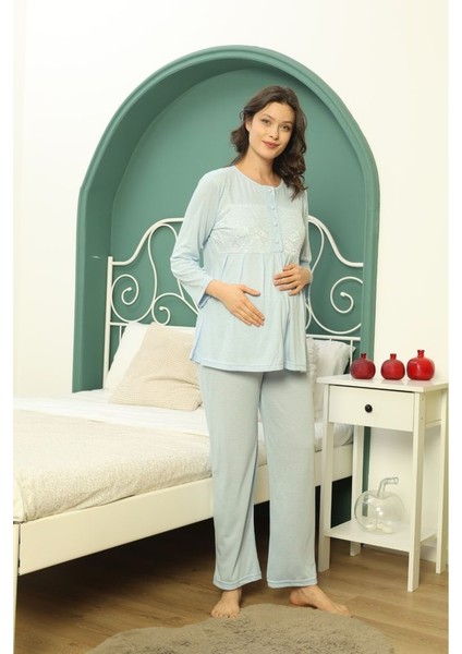 Göğüs Dantel Detaylı Kadın Hamile Pijama Takımı 1031