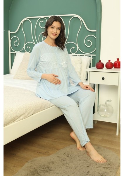 Göğüs Dantel Detaylı Kadın Hamile Pijama Takımı 1031
