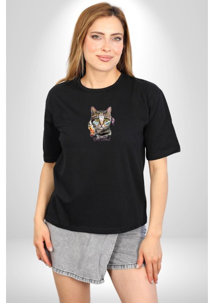Red Cloud Kedi Hintli Siyah Oversize Kadın Erkek Ön Orta Minimal Baskılı T-Shirt