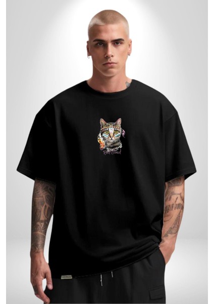Red Cloud Kedi Hintli Siyah Oversize Kadın Erkek Ön Orta Minimal Baskılı T-Shirt