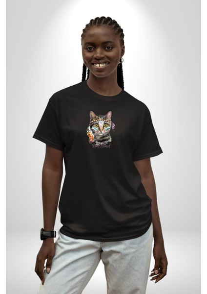 Red Cloud Kedi Hintli Siyah Oversize Kadın Erkek Ön Orta Minimal Baskılı T-Shirt