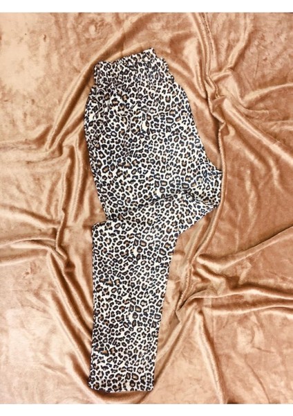 Leopar Desenli Rahat Kalıp Cepli Süet Pijama Altı