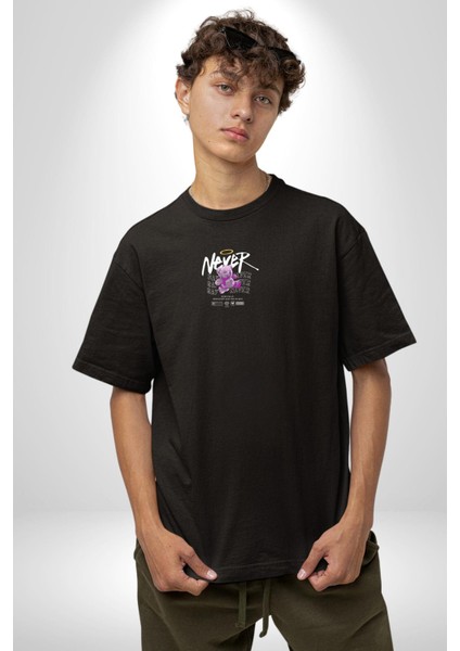Asla Asla Deme Siyah Oversize Kadın Erkek Ön Orta Minimal Baskılı T-Shirt