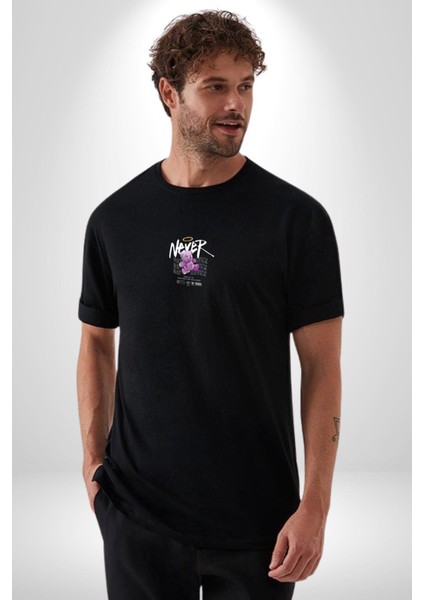 Asla Asla Deme Siyah Oversize Kadın Erkek Ön Orta Minimal Baskılı T-Shirt