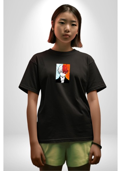 My Hero Academia Boku Anime Siyah Oversize Kadın Erkek Ön Orta Minimal Baskılı T-Shirt