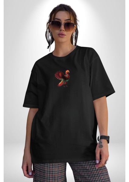 Anka Kuşu Ateş Kuşu Siyah Oversize Kadın Erkek Ön Orta Minimal Baskılı T-Shirt