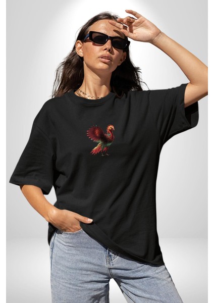 Anka Kuşu Ateş Kuşu Siyah Oversize Kadın Erkek Ön Orta Minimal Baskılı T-Shirt